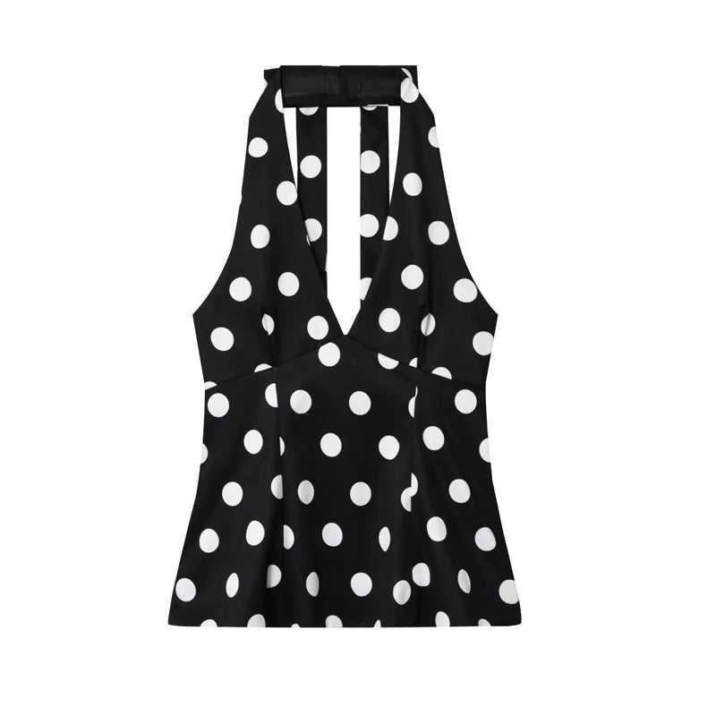 HXAO Black Polka Dot Tops For Woman Summer Women's Corset Crop Top Sleeveless Halter Top Women Bow Backless Sexy Top Party