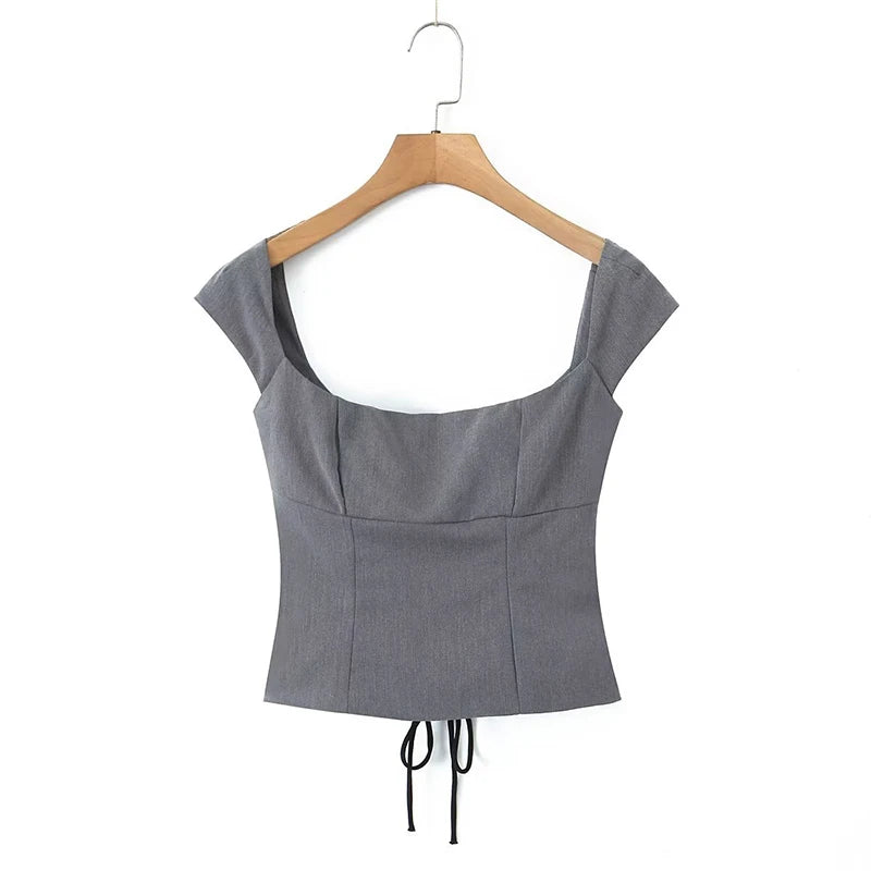 YENKYE Y2K Women Lace Up Bandage Back Gray Crop Top Short Sleeve Square Neck Ladies Sexy Chic Tops
