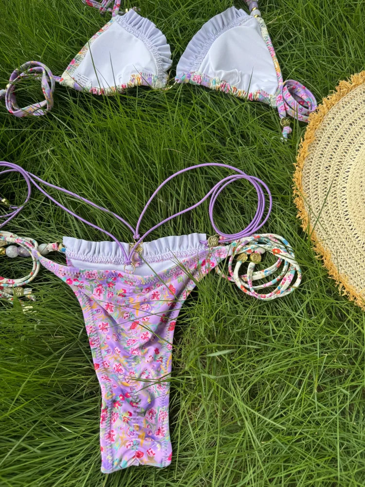Sexy Bikinis Micro Thongs Swimsuit Women Bathing Suit Rings Biquini Bandage Beachwear Print Swimwear Sexy Bikini Sets With Chain