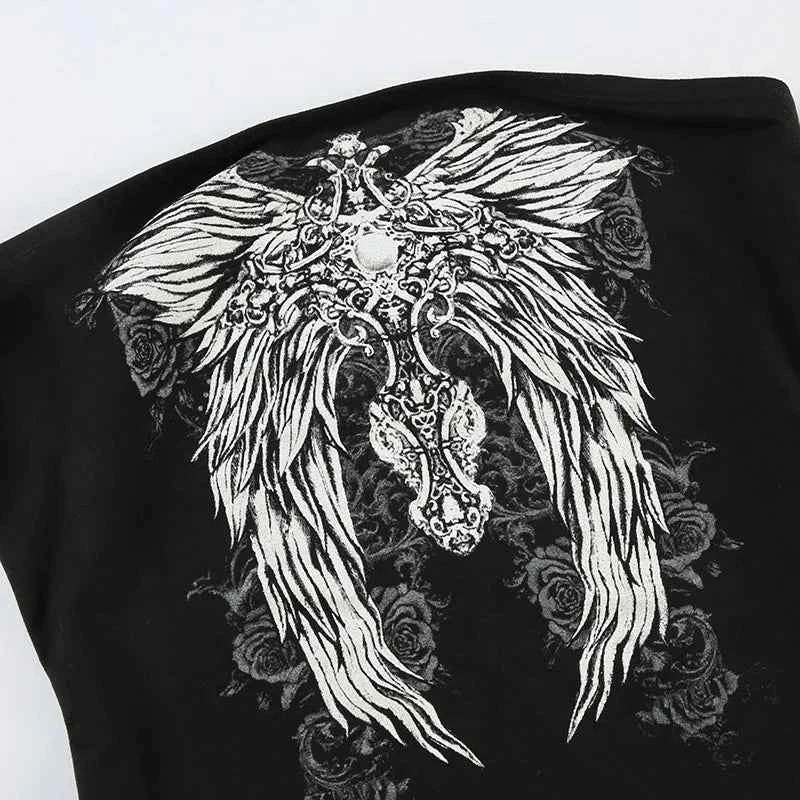 Gothic Print Black Strapless Tube Top Women Skinny Cropped Summer Casual Chic Graphic Tee Y2K Streetwear Basic Vest