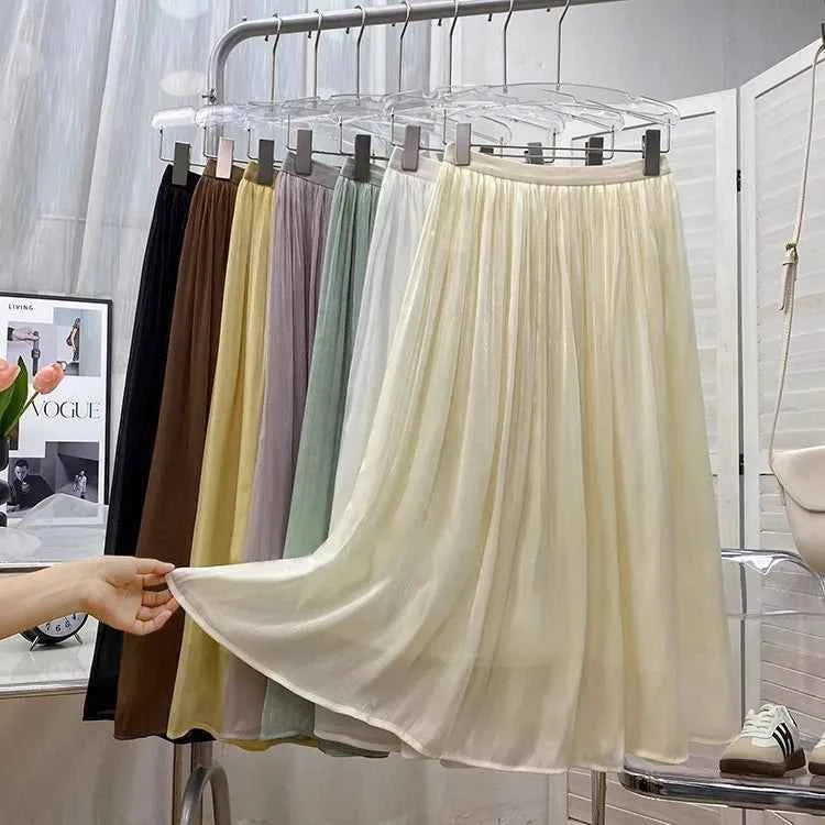 2025 Spring/Summer New Luster  A-line Women Skirt Solid Color High Waist French Paris Style Elegant Asymmetrical Skirt