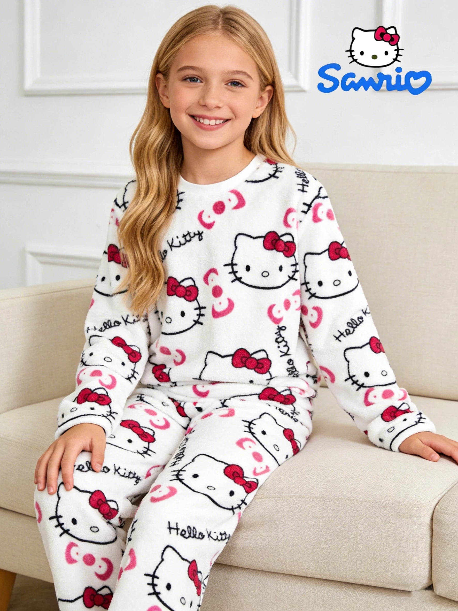 Sanrio girls' sleepwear and pants set for autumn and winter, Hello Kitty long sleeved pants with thick suede for home wear.