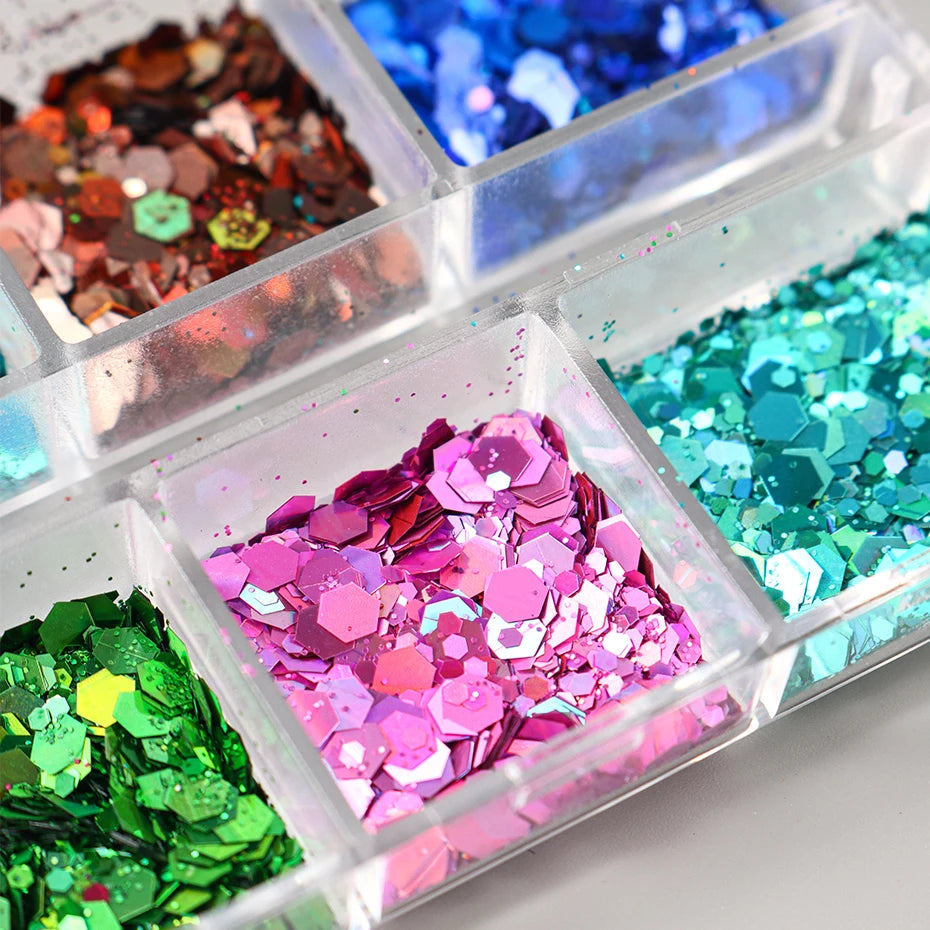 12 Colors Sparkly Holographic Nail Art Glitter Sequins Laser 3D Hexagon Flakes Nail Powder Makeup Nail Art Decorations Manicure