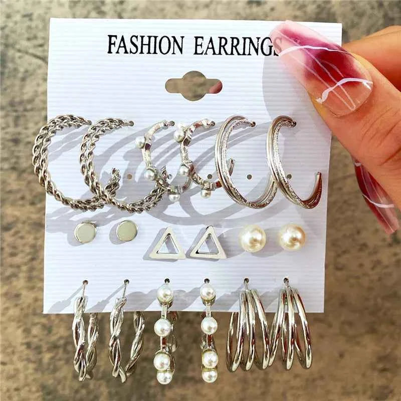 Silver Color Twist Hoop Earrings Set Brincos Heart Pearl Hoops Vintage Metal Geometric Earrings for Women 2023 Trendy Jewerly