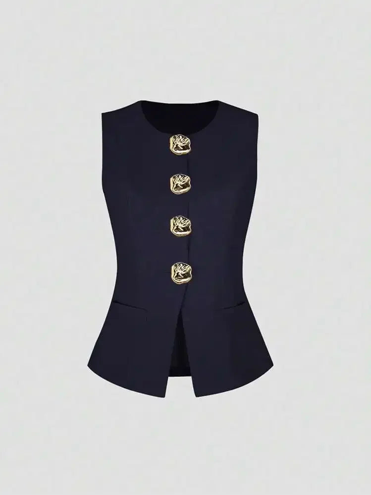 Fashionable Little Fragrance Style Women's Sleeveless round Neck Vest Waist-Cinching Pure Color Cross-Border Women's Jacket