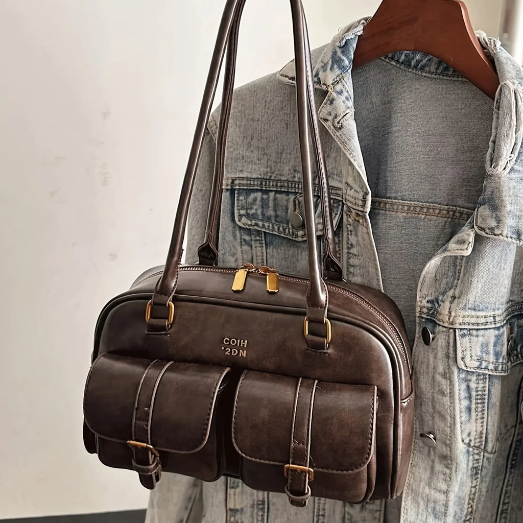 Women Multi Pocket Shoulder Tote Bag with Golden-Tone Hardware & Letter, Stylish Handbag Purse for Travel, Work, Shopping, Dates