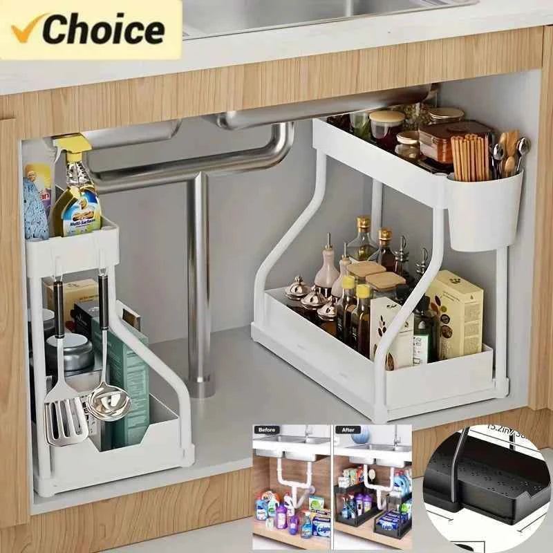 Space Saving 2 Tier Under Sink Organizer,Pull Out Storage Box Durable Large Capacity Kitchen Bathroom Essential Drawer Organizer