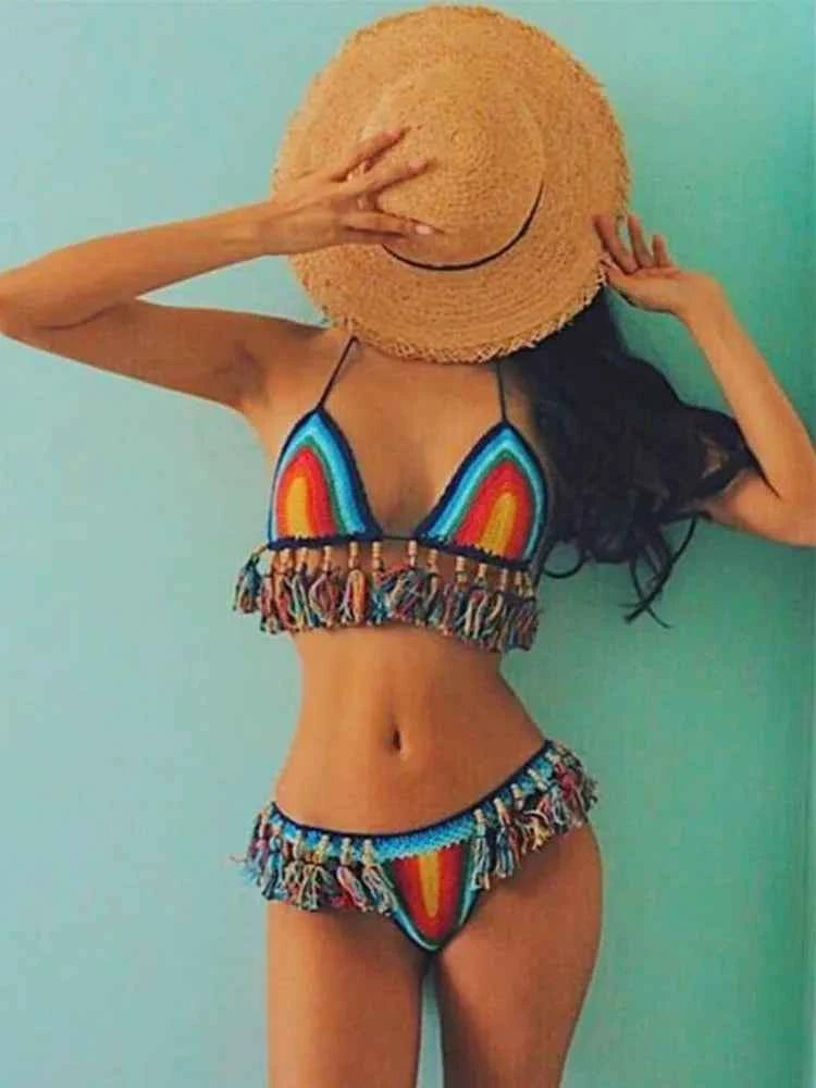Handmade Crochet Bikini Set Rainbows Rasta Tassel Women Swimwear Push UP Sexy Swimsuit Vacation