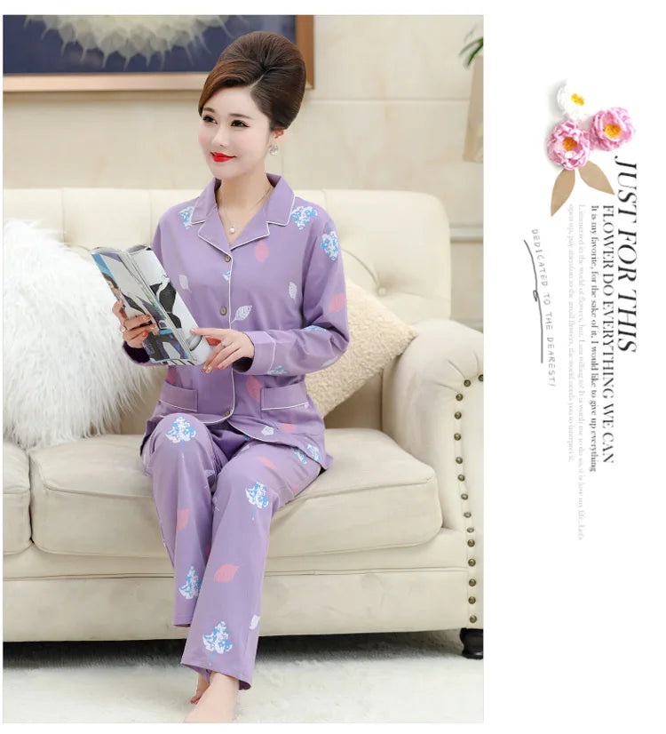 100% Pure Cotton Long Sleeve Sleepwear Set for Elderly Women Spring Summer Autumn Home Clothes Outwear Comfortable Home Suit