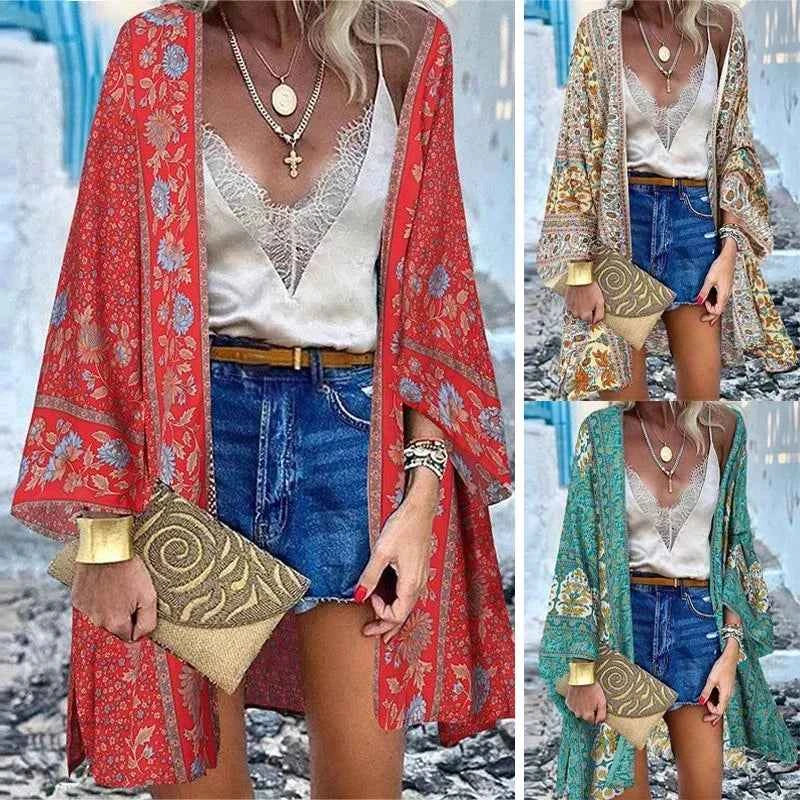 New Summer Bohemian Beach Printed Cardigan Jacket Long Sleeve Leisure Holiday Beach Swimsuit Blouse Shawl Long Coat M-5XL