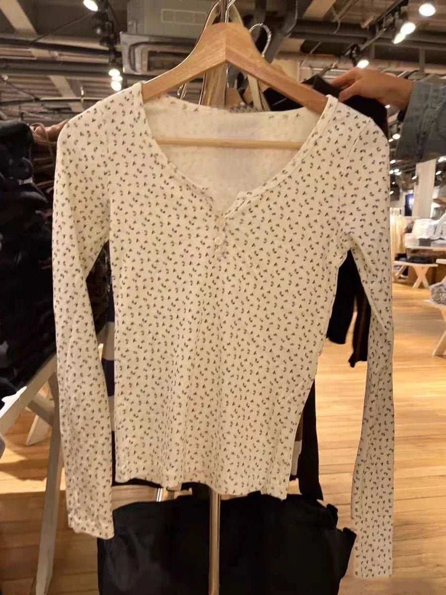 Hollow Out Pink Long Sleeve T-Shirt Summer Round Neck Buttons Cotton Slim Sexy Top for Woman Vintage Sweet Cute Y2K Tops Chic