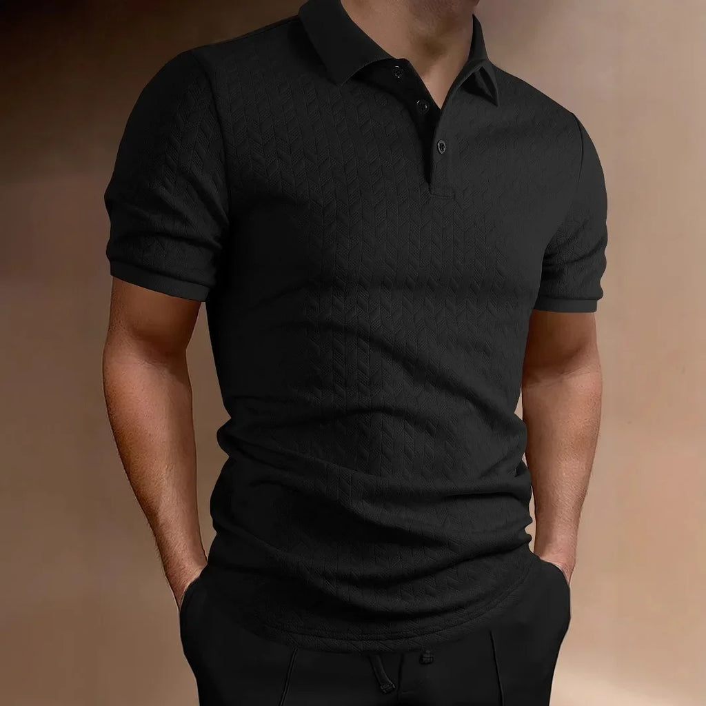 Summer New Men's Jacquard Polo Shirt Heavyweight T-shirt Solid Color Turn-down Collar Fashion Casual Short Sleeve Tops