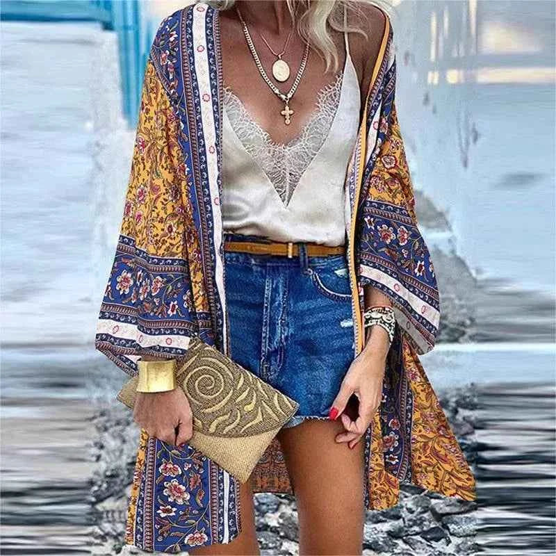 New Summer Bohemian Beach Printed Cardigan Jacket Long Sleeve Leisure Holiday Beach Swimsuit Blouse Shawl Long Coat M-5XL