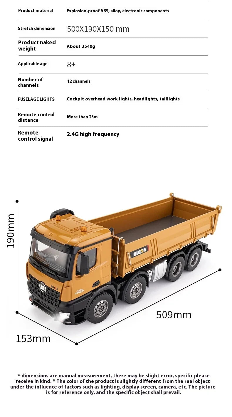 HUINA 1536 2.4G 1/14 15CH RC Metal Dump Truck Toy Die-cast Remote Control Construction Rc Truck for Boy Children Toys Xmas Gifts