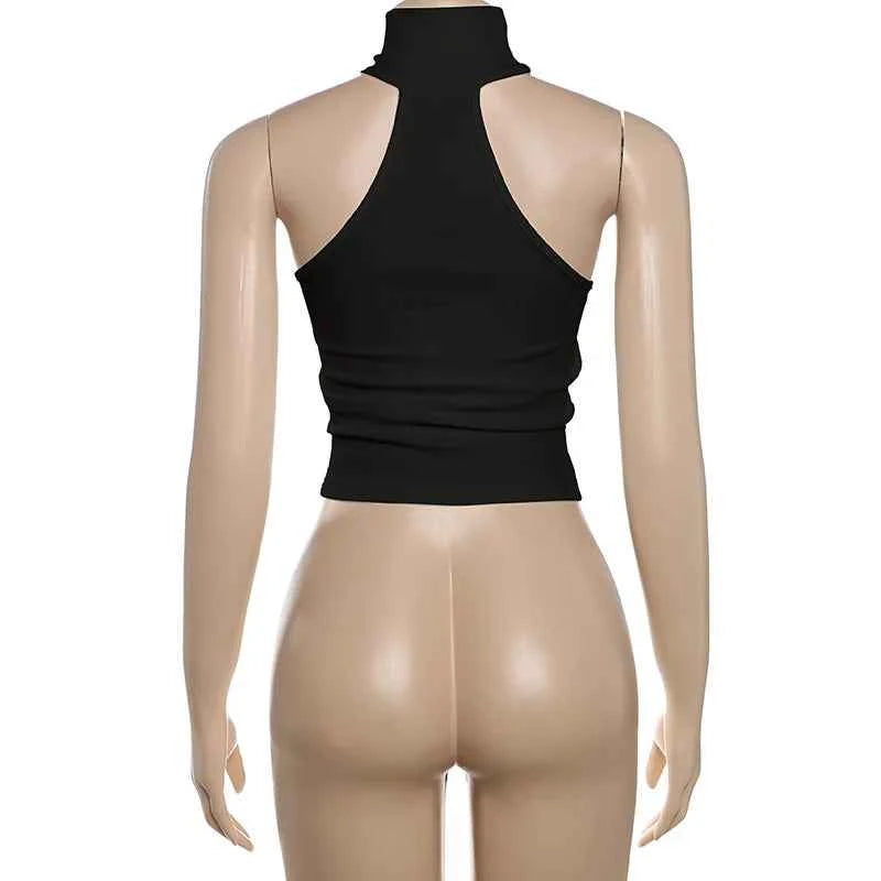 Metal Buckle Decoration Tank Tops Women Turtleneck Off Shoulder Skinny Stretch Street Fashion Wild Style Solid Outfits