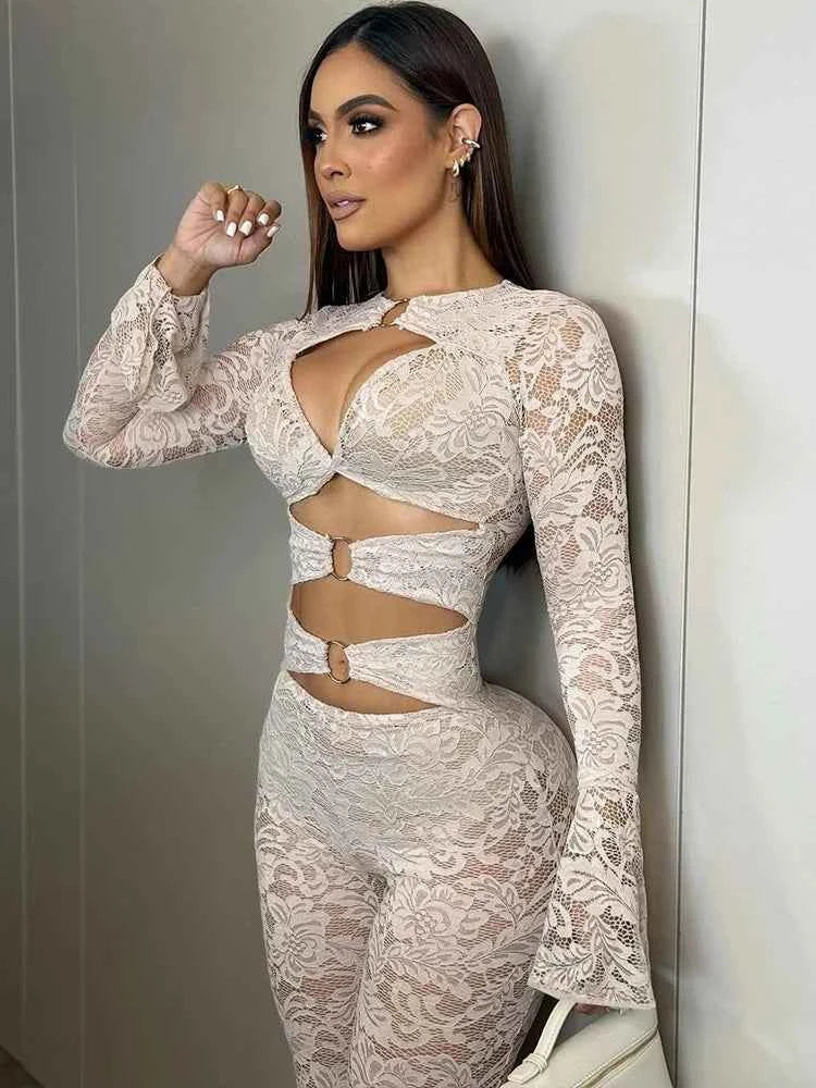 Nibber See Through Jumpsuits Woman Metal Rings Patchwork Hollow Design Sexy Full Sleeve Midnight Club Party Wild Style Overalls