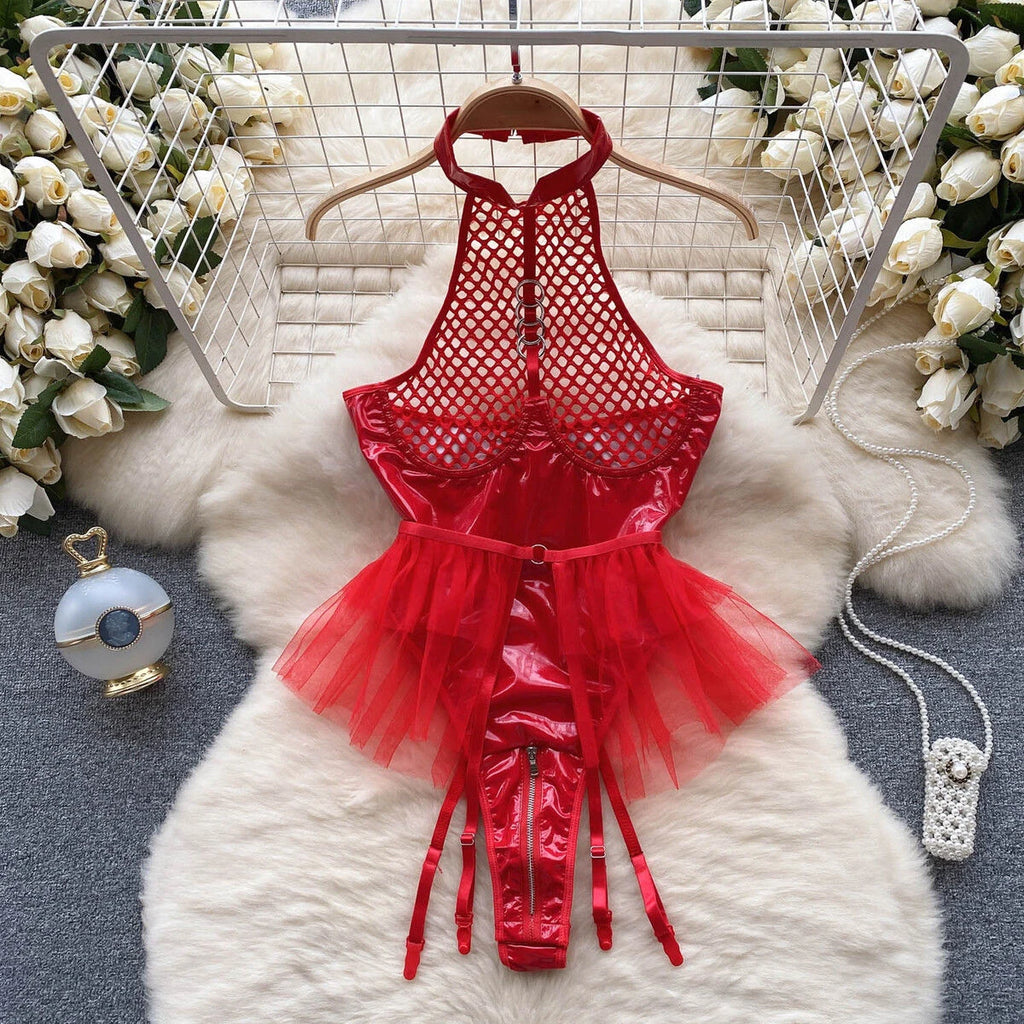Hotsweet Women's Streetwear Mesh Patchwork Black Red Lady's Bodysuit Backless Sleeveless Halter Female Cool Wear Sexy Party Top