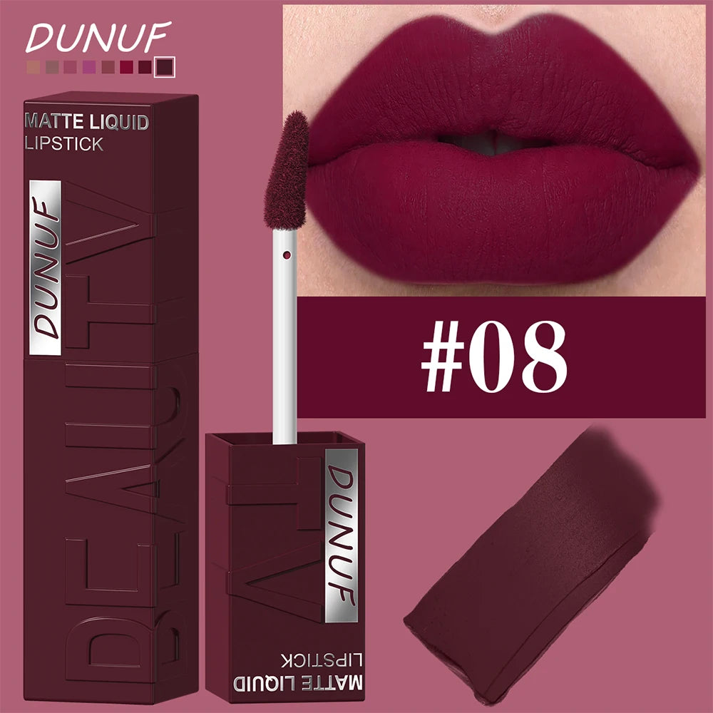 DUNUF  8-color matte velvet smooth easy-to-apply square tube lip gloss waterproof three-dimensional plumping lipstick