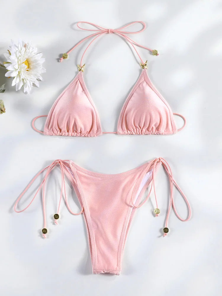 Sexy Bikinis Micro Thongs Swimsuit Women Bathing Suit Rings Biquini Bandage Beachwear Print Swimwear Sexy Bikini Sets With Chain