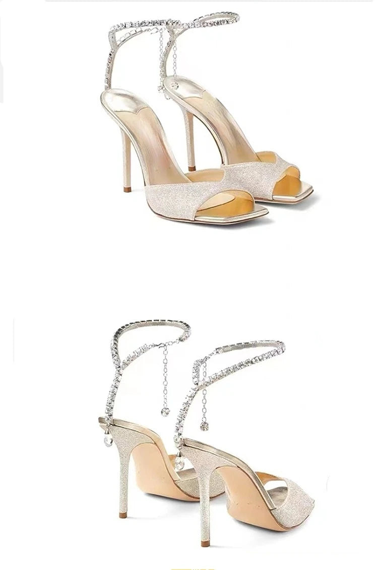 Colorful Chain Water Diamond Sandals Brand Walk Show Fish Mouth Evening Dress Elegant High Heels 2023 New Pendant Women's Shoes