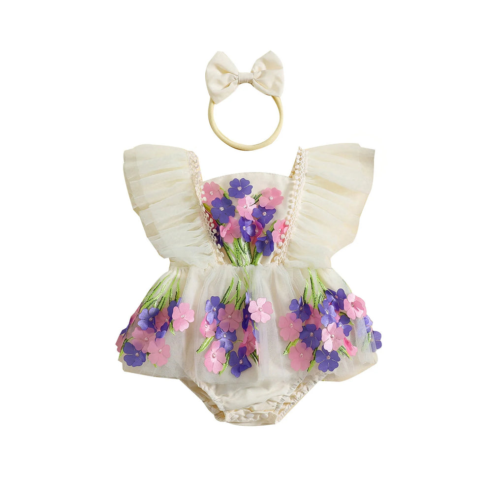 Baby Girl Princess Romper Dress Cute Summer Ruffle Sleeveless 3D Flower Tulle Tutu Rompers with Headband 2Pieces Infants Outfits