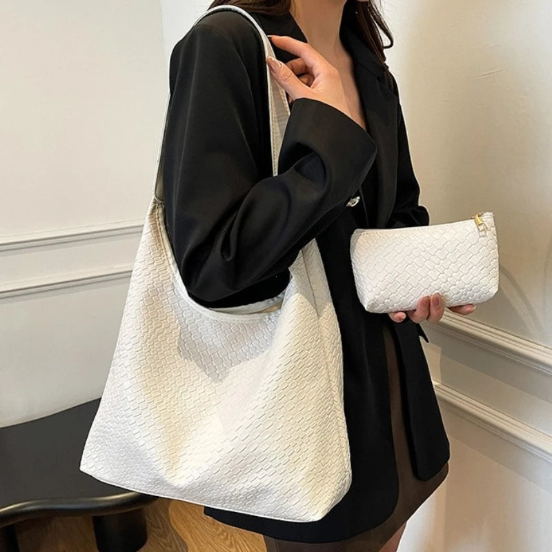 Women's Retro Artificial Leather Woven Pattern Shoulder Bag,Large Capacity Tote Bag,Casual Armpit Bag, Large Tote Bag,Daily Work