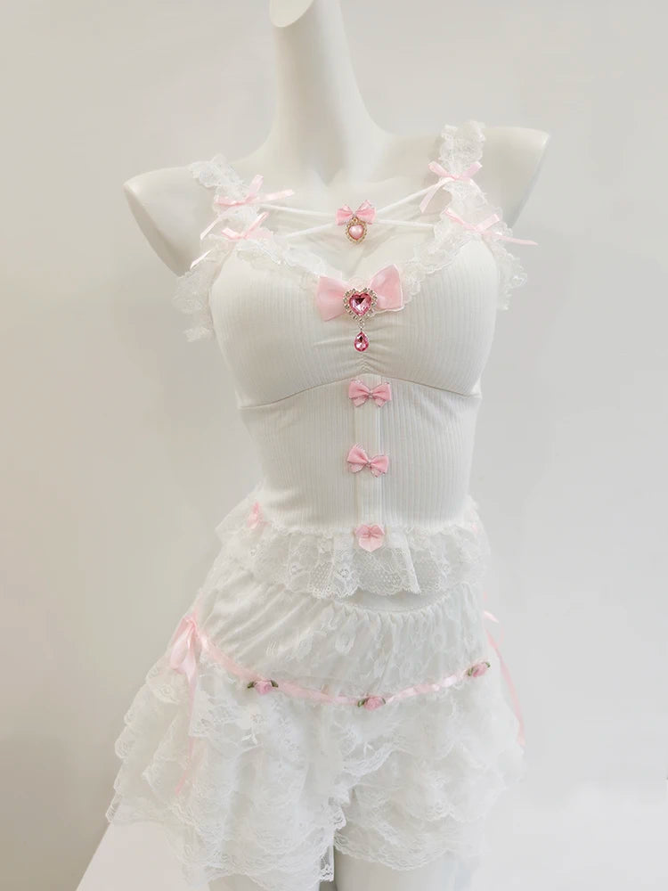 Sweet Crop Top Women Lace Trim Cotton Cropped Bows Bead Decoration Pink White Cute Camis Sweet Girls Lolita Style Kawaii Clothes