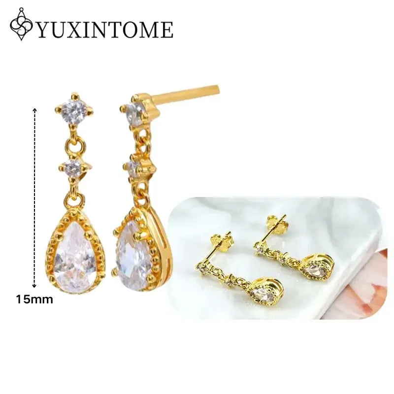 Women's 925 Sterling Silver Ear Needle Crystal Zircon Water Droplets Stud Hoop Gold Huggie Earrings Premium Luxury Party Jewelry
