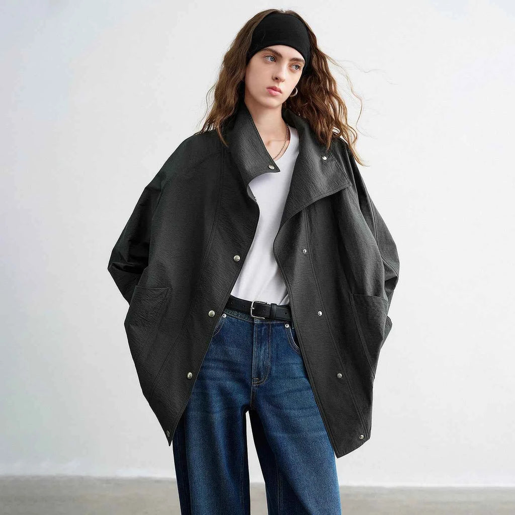 TOYOUTH Women's 2026 Spring New Loose Stand-Collar Utility-Style Lightweight Jacket Coat with Slub Wrinkle Texture