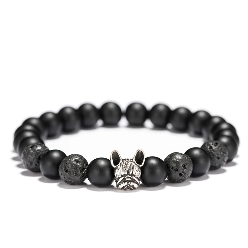 New French Bulldog Bracelet For Men 8mm Natural Lava Tiger Eyes Stone Braclet Beaded Vintage Braslet Homme Camping Accessories