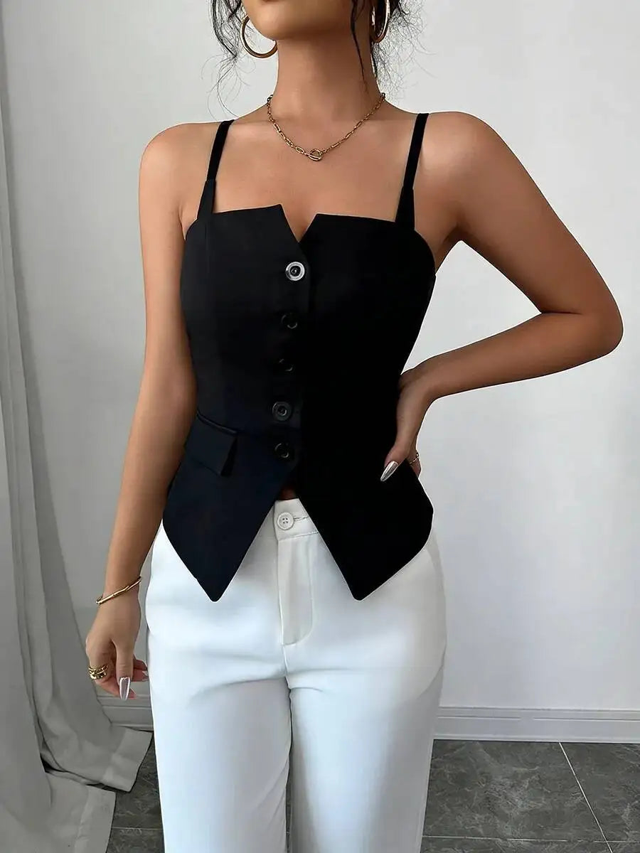 Women's Casual Tank Top Spring Summer Black Top Spaghetti Strap Sweetheart Neck Button Slim Fit Valentine's Day Elegant Sexy Top