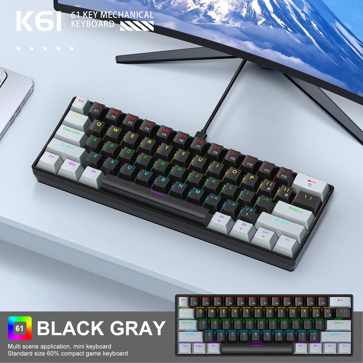 K61-Black-Gray Color 60% Mechanical Gaming Keyboard 61 Keys RGB Backlit