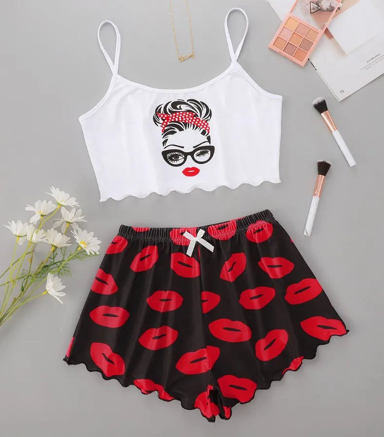 Summer Silk Satin Pyjama Pajamas for Women Sexy Sleepwear Sling Top Shorts Pajama Set Cartoon Pattern Printing 2-Piece Homewear