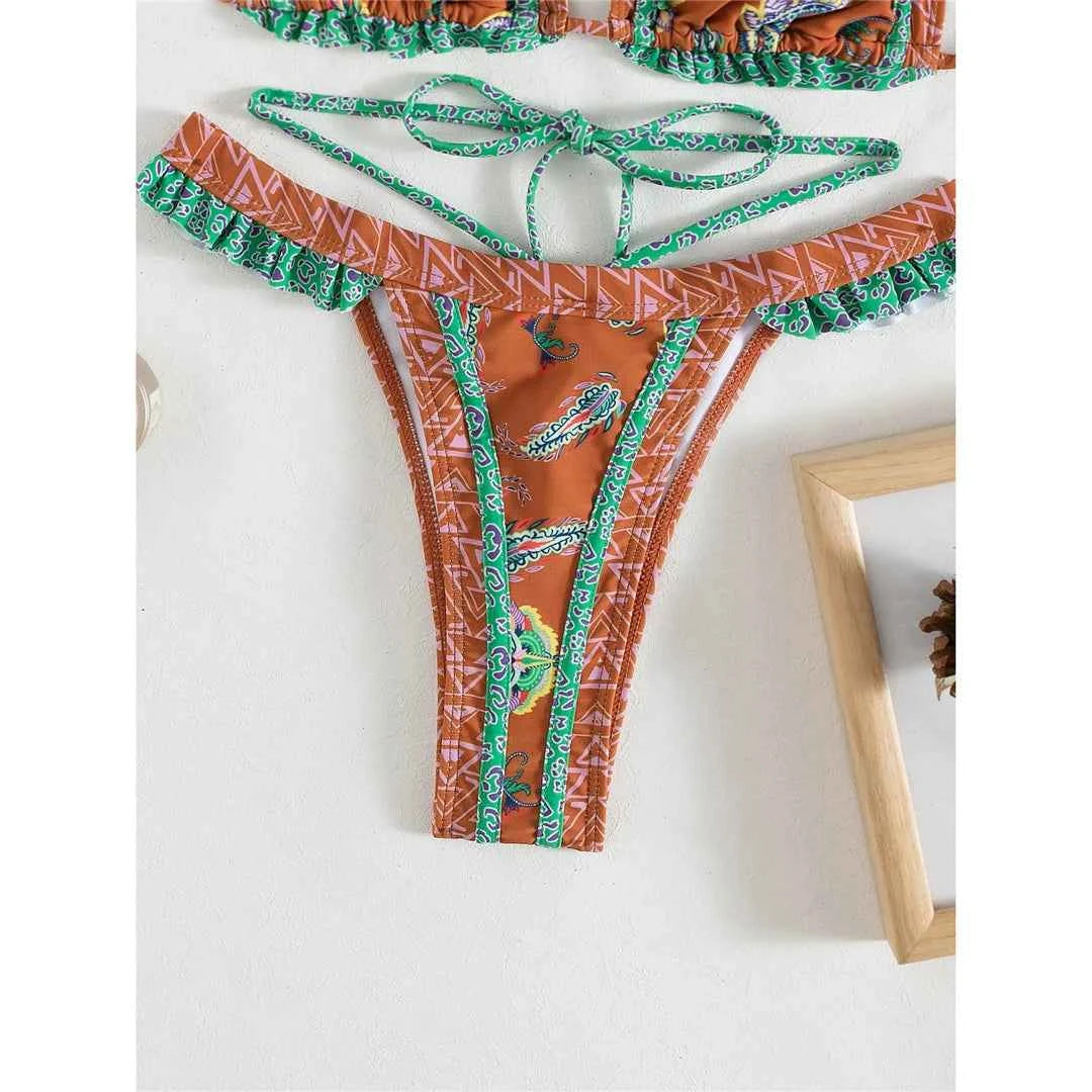 5 Colors Sexy Printed Halter Frilled Bikini Women Swimwear Female Swimsuit Two-pieces Bikini set Bather Bathing Suit Swim V4651