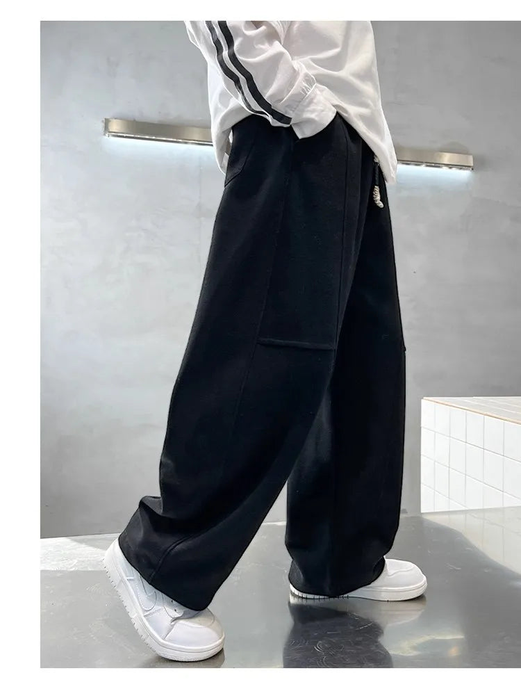 2026 New Spring Casual Kids Pants Black Elastic Waist Straight Leg Sweatpants for Boys Loose Pocket Children Trousers