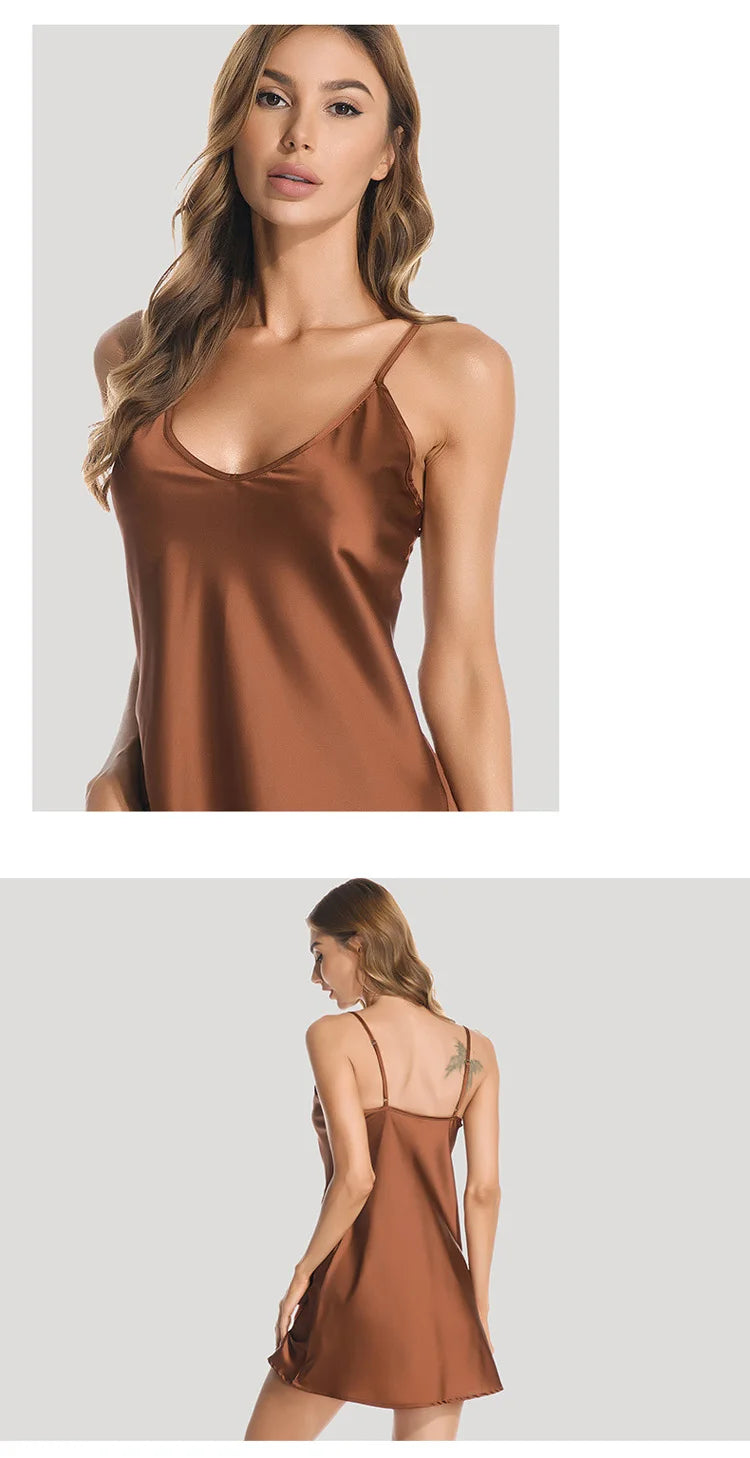 Meet'r Women Summer Sleepwear Sexy Deep V Imitation Silk Nightdress Solid Color Sling Ice Silk Home Clothes Satin Nightgown