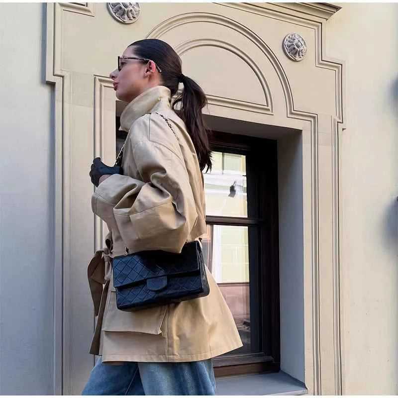 Cropped Lace-up Blue Casual Trench Coat Women Lapel Long Sleeve Wide Shoulder Windbreaker Jacket Fall Commute Daily Streetwear