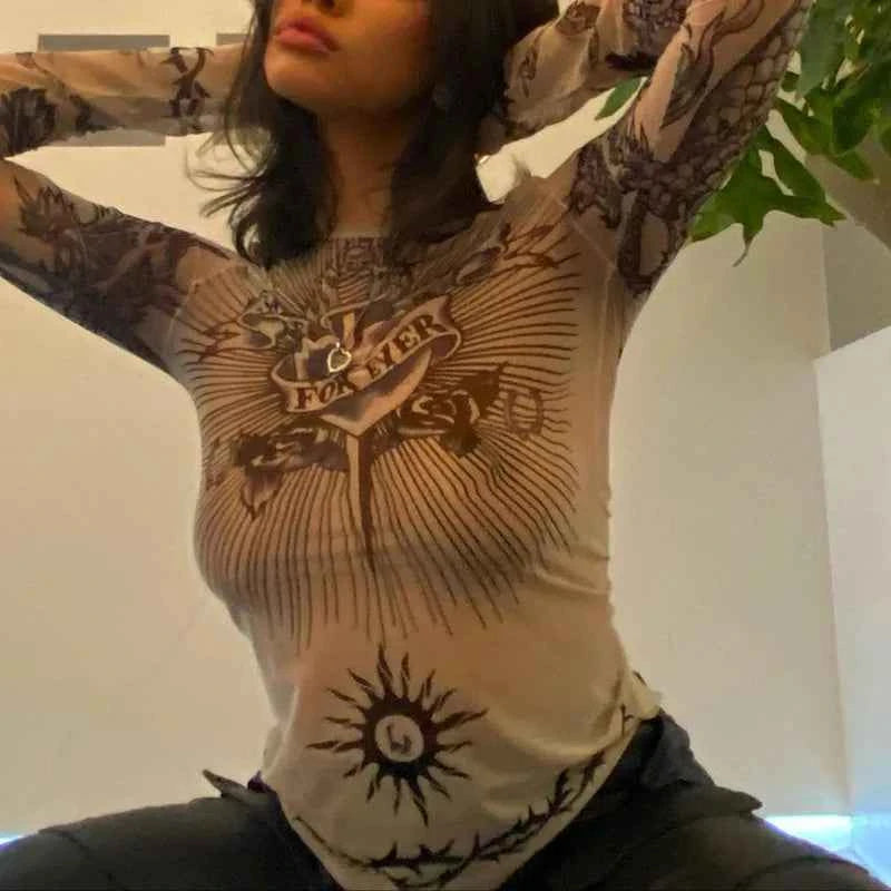 Y2k Aesthetic Punk Clothes Graphic Tees Women Gothic Fashion Full Sleeve Woman Tshirts See Through Streetwear Egirl Tops T Shirt