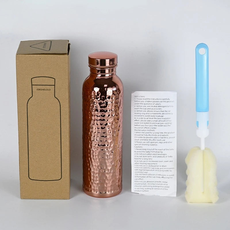 800ML Electroplated Copper Water Bottle One-Click Open Lid Anti-Slip Silicone Base Hammer Pattern Bottle Sports Bottle