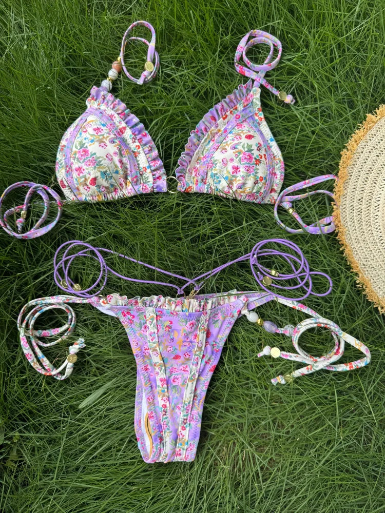 Sexy Bikinis Micro Thongs Swimsuit Women Bathing Suit Rings Biquini Bandage Beachwear Print Swimwear Sexy Bikini Sets With Chain