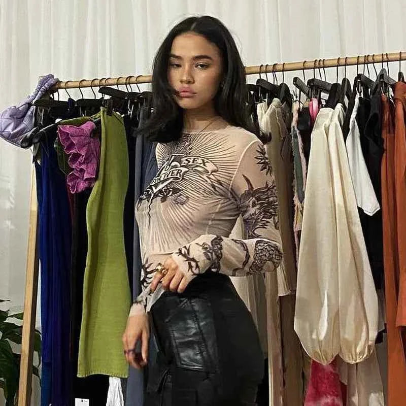 Y2k Aesthetic Punk Clothes Graphic Tees Women Gothic Fashion Full Sleeve Woman Tshirts See Through Streetwear Egirl Tops T Shirt