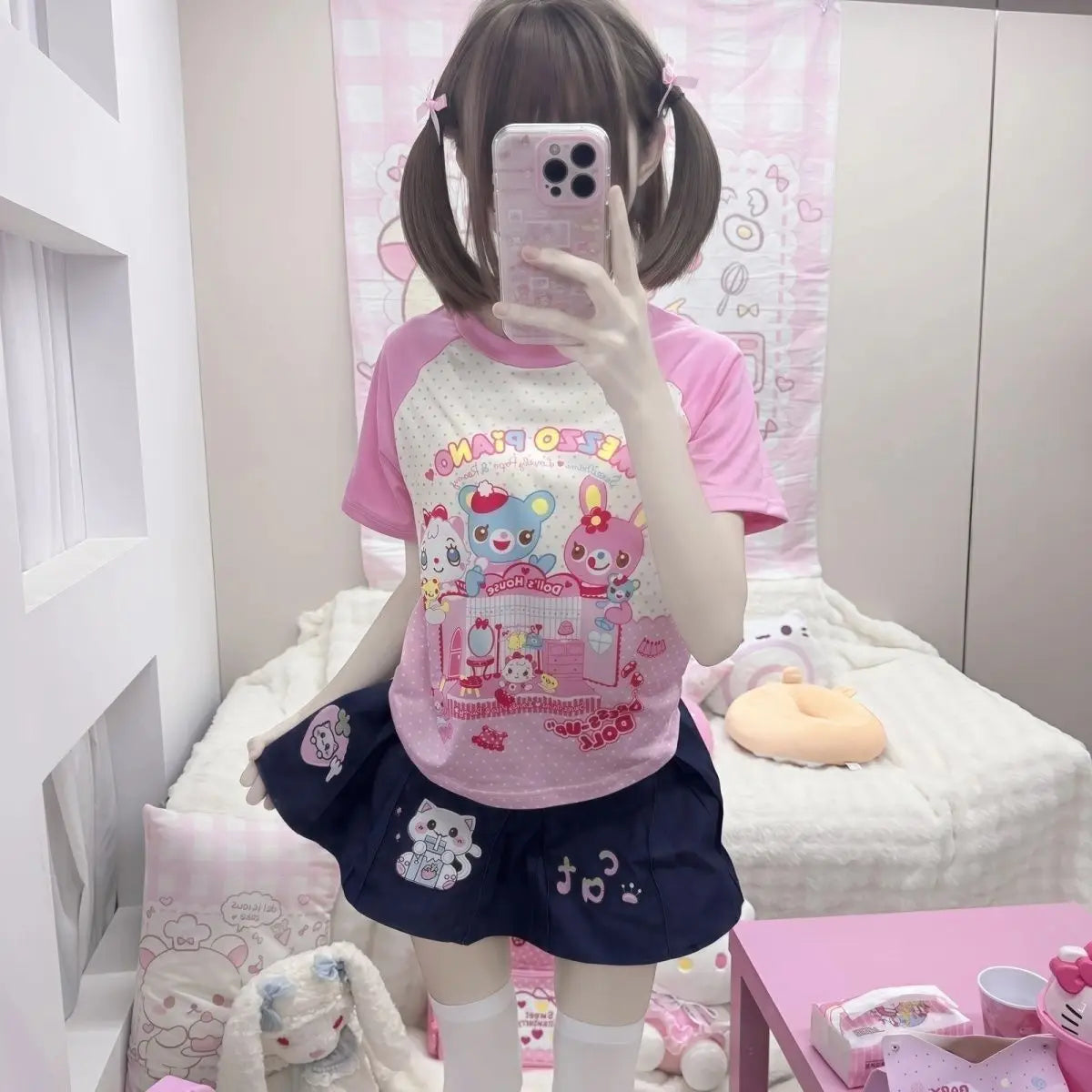Cute Cartoon Short Sleeve T-Shirt for Girls Sweet Style Print Design Japanese Anime Fun Soft Material Straight Cut Fit