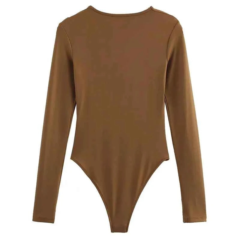 HXAO 2025 Brown Top Bodysuit Women Spring Body Sexy Women Long Sleeve Body Woman Black Spandex Bodysuit Resort Thongs Rave Oufit