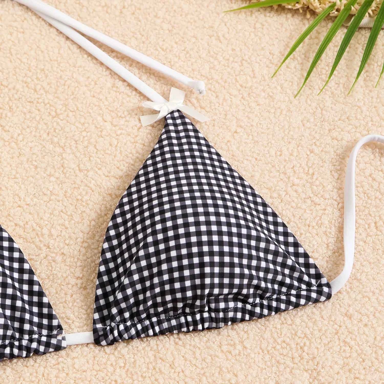 Circyy 2026 Bathing Suit Women Plaid Dot Split Swimsuit Neck-mounted Bow Tie Beachwear Vintage Simple Two-piece Bikinis Summer