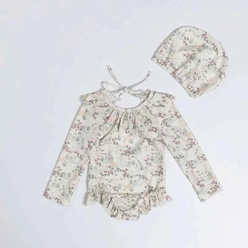 Kids Swimwear for Girl New Summer Baby Girls Cute Cherry Floral Swimsuit Set Long Sleeves/Sling Sunscreen Swimsuit Bikini H503