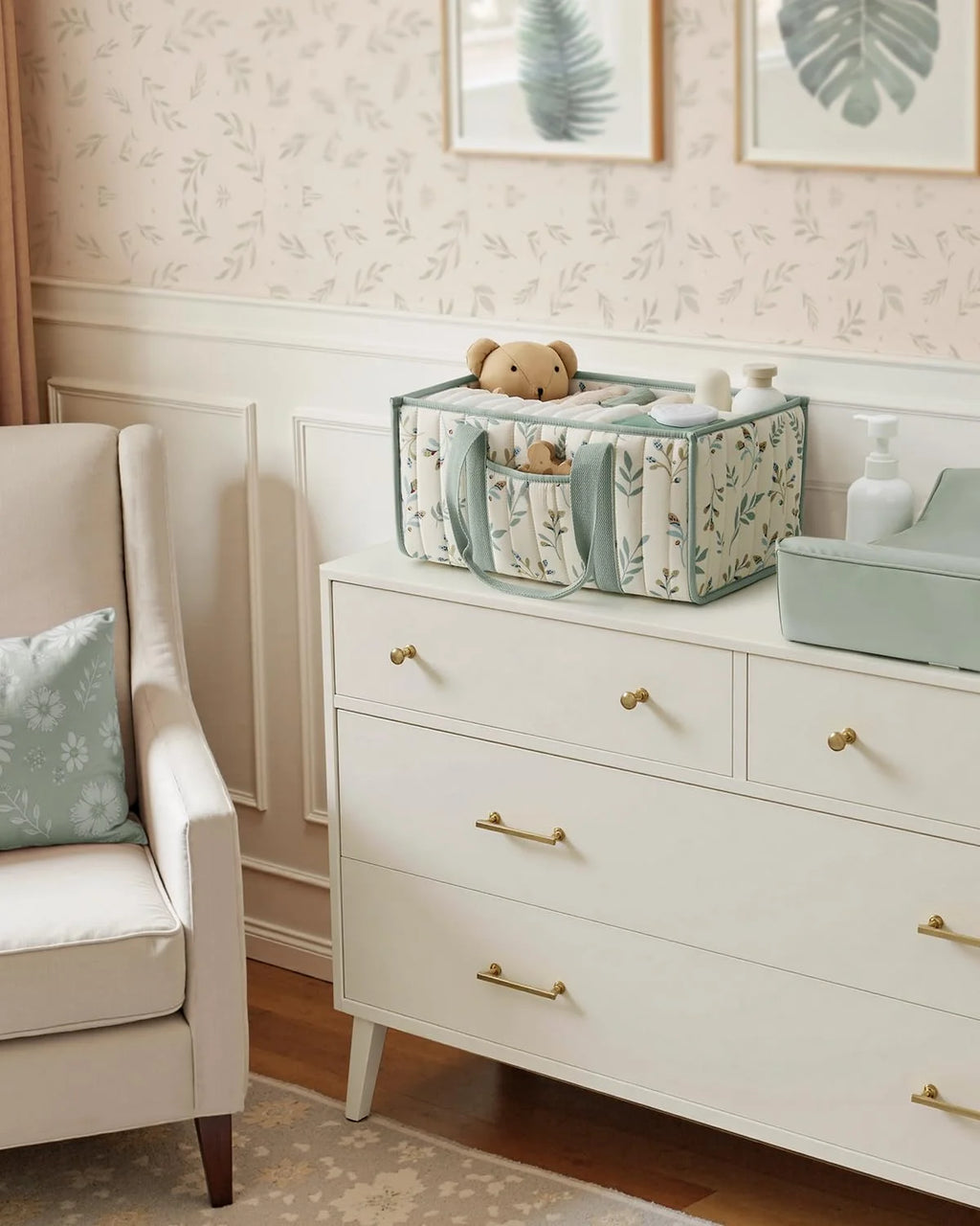 Diaper Caddy Organizer, Stylish Nursery Storage Basket, Gift for Baby Shower, Newborn Essentials, Floral Beige