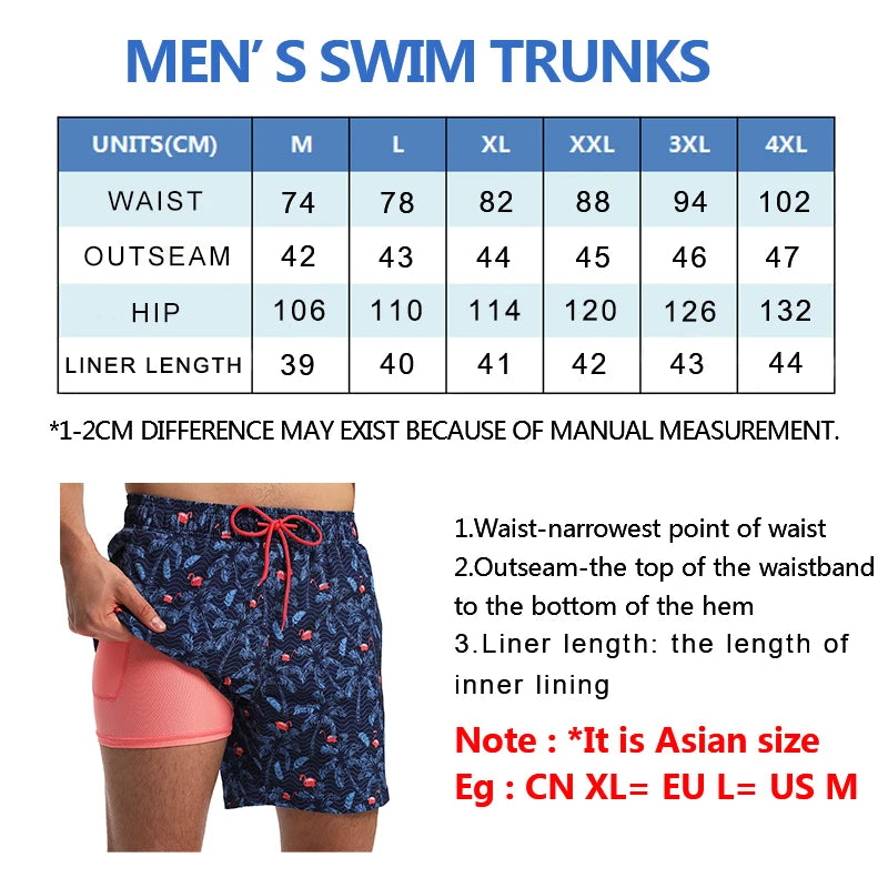ESCATCH 2026 Summer New Arrival Mens Shorts 2 in 1 Quick Dry Gym Printing Swim Trunks Beach Side Zipper Pockets Swimsuit