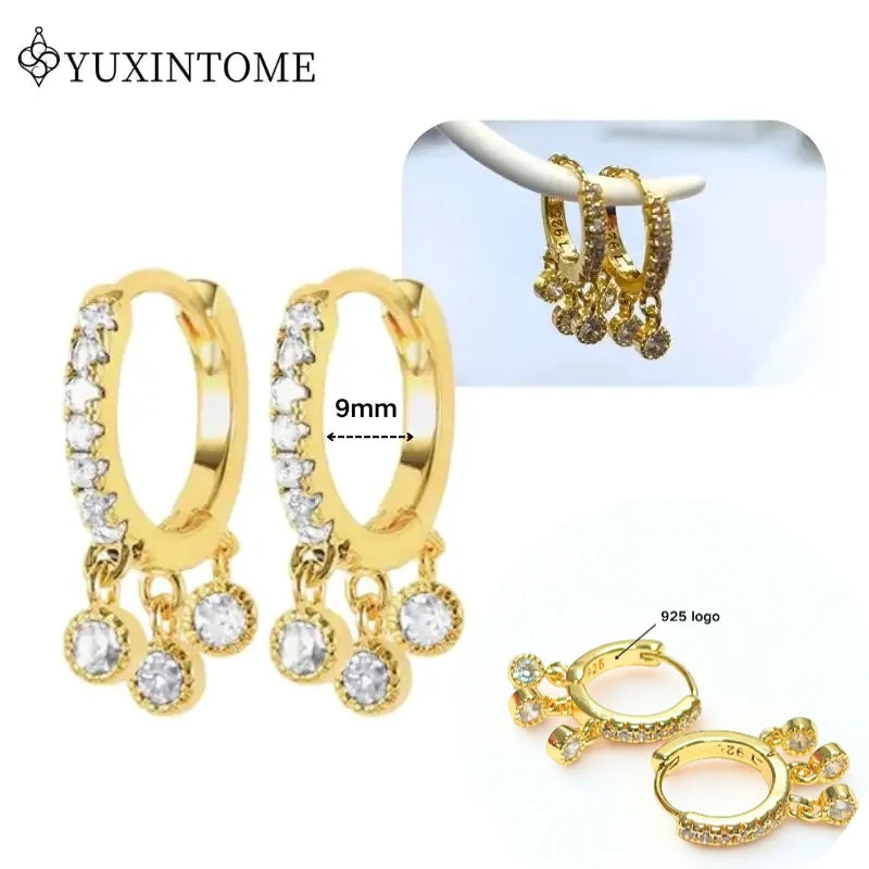 Women's 925 Sterling Silver Ear Needle Crystal Zircon Water Droplets Stud Hoop Gold Huggie Earrings Premium Luxury Party Jewelry