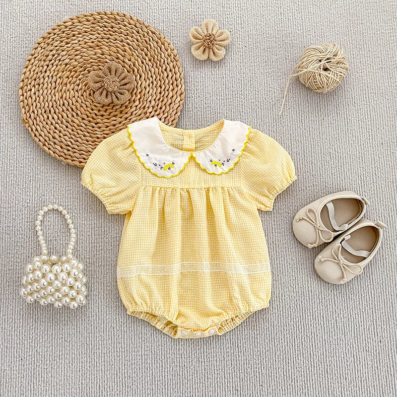 2026 Summer Baby Girl Embroidered Collar Bodysuits 0-24M Baby Girl Romper Newborn Short Sleeved Baby Girl Yellow Jumpsuit