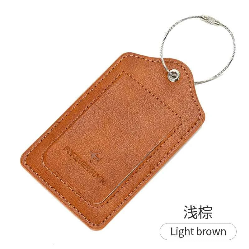 PU leather luggage tag with anti loss wire rope loop and built-in privacy protection cover, suitable for luggage and travel bags